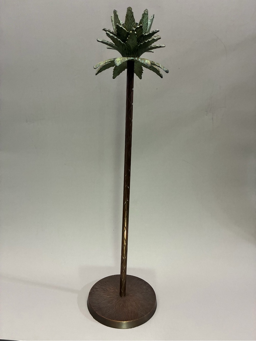 Vintage Metal Palm Tree Candlestick in Green and Bronze Height 16,5”